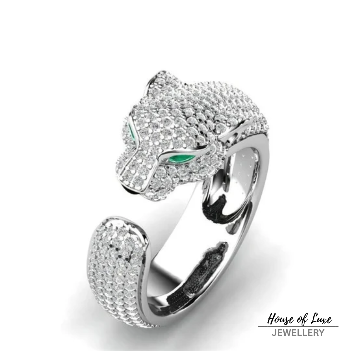 ADJUSTABLE JAGUAR RING IN SILVER AND ROSE GOLD WITH GREEN ZIRCONIA EYES