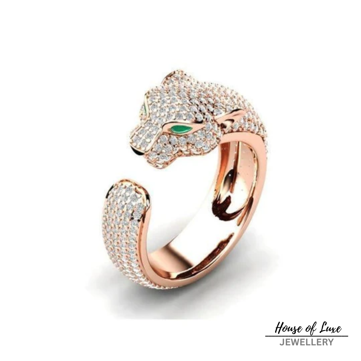 ADJUSTABLE JAGUAR RING IN SILVER AND ROSE GOLD WITH GREEN ZIRCONIA EYES