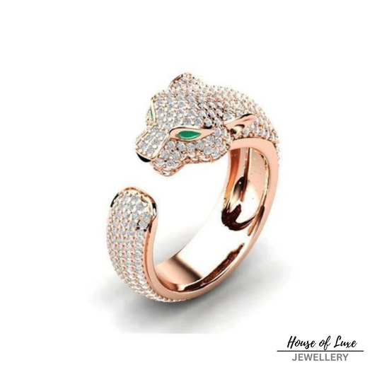ADJUSTABLE JAGUAR RING IN SILVER AND ROSE GOLD WITH GREEN ZIRCONIA EYES
