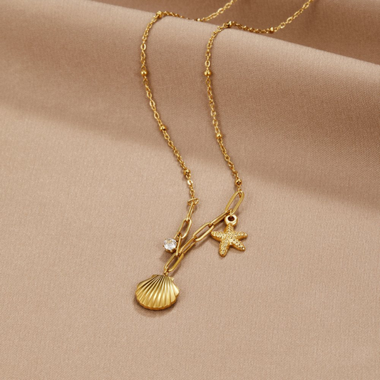 GOLDEN SEASHELL STARFISH NECKLACE